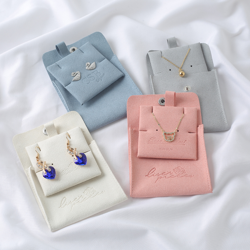 Custom Logo Luxury Snap Microfiber Jewelry Pouch with Insert Envelope Button Velvet Suede Gift Packaging Bag &amp; Pouch