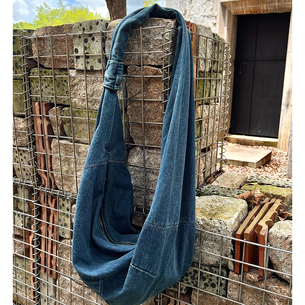 Korean Style Large Capacity Retro Crescent Bag Popular Lazy Style Denim Crossbody Drawstring Leather Chain Mini for Ladies