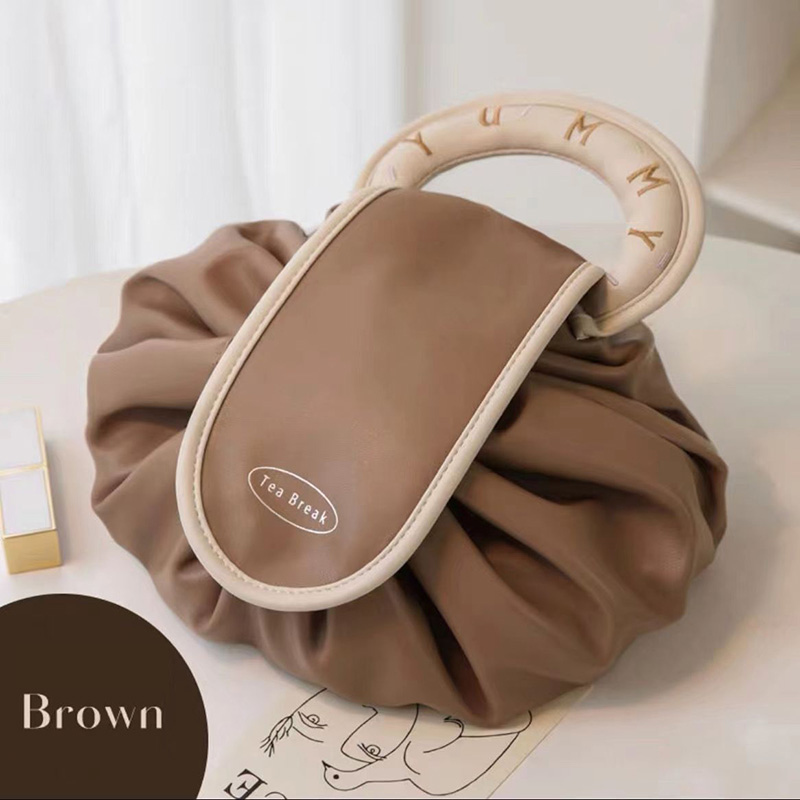 Custom Logo Drawstring Large Capacity Foldable Makeup Pouch Portable Travel Organizer Pu Leather Women Beauty Storage Waterproof