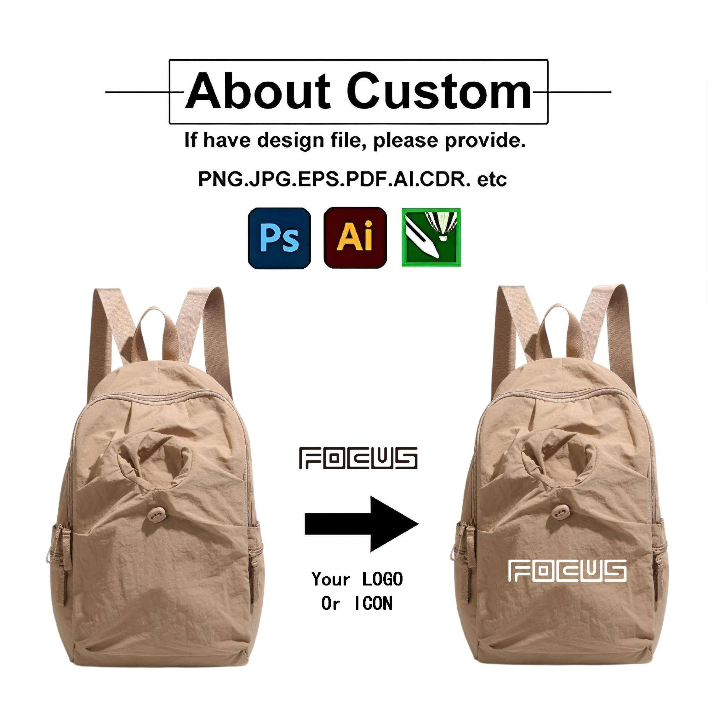 Light Green Unisex Nylon Backpack Drawstring Water Bottle Outer Pocket Custom Logo Polyester Lining Zipper Closure for Leisure Travel School