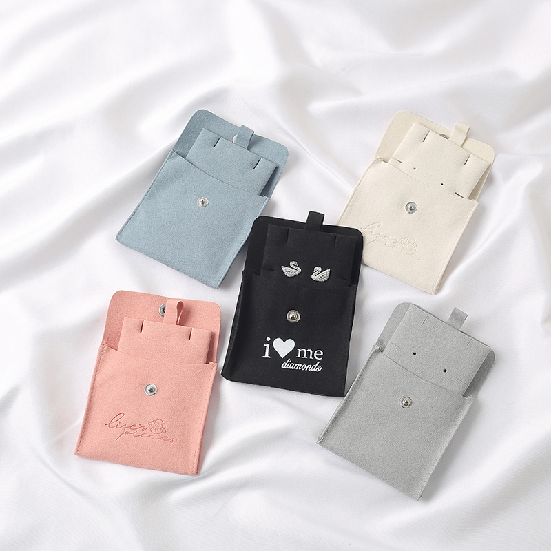 Custom Logo Luxury Snap Microfiber Jewelry Pouch with Insert Envelope Button Velvet Suede Gift Packaging Bag &amp; Pouch