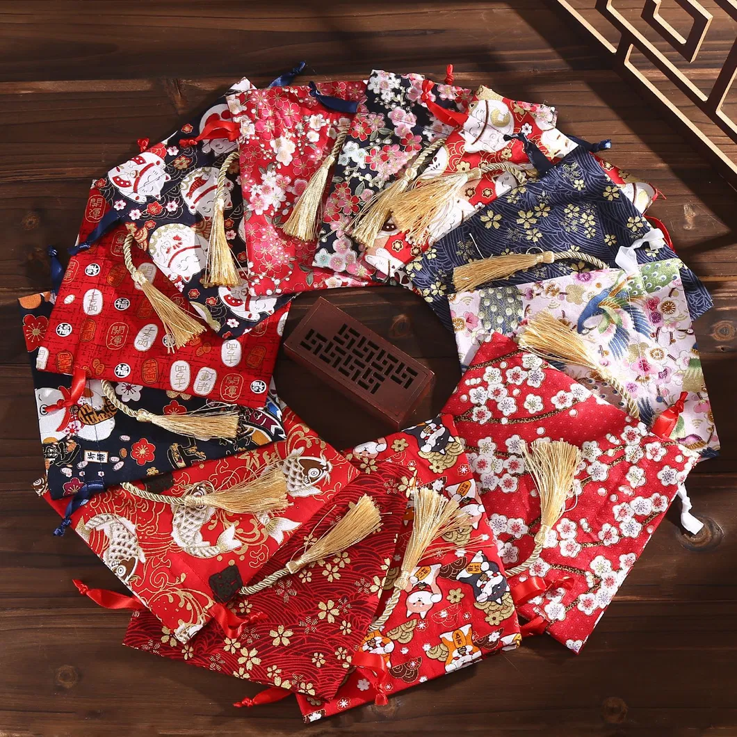 Factory Customized Japanese Style Hand-Held Gift Bags Drawstring Cotton Linen Printing Tassel Wedding Candy Bags