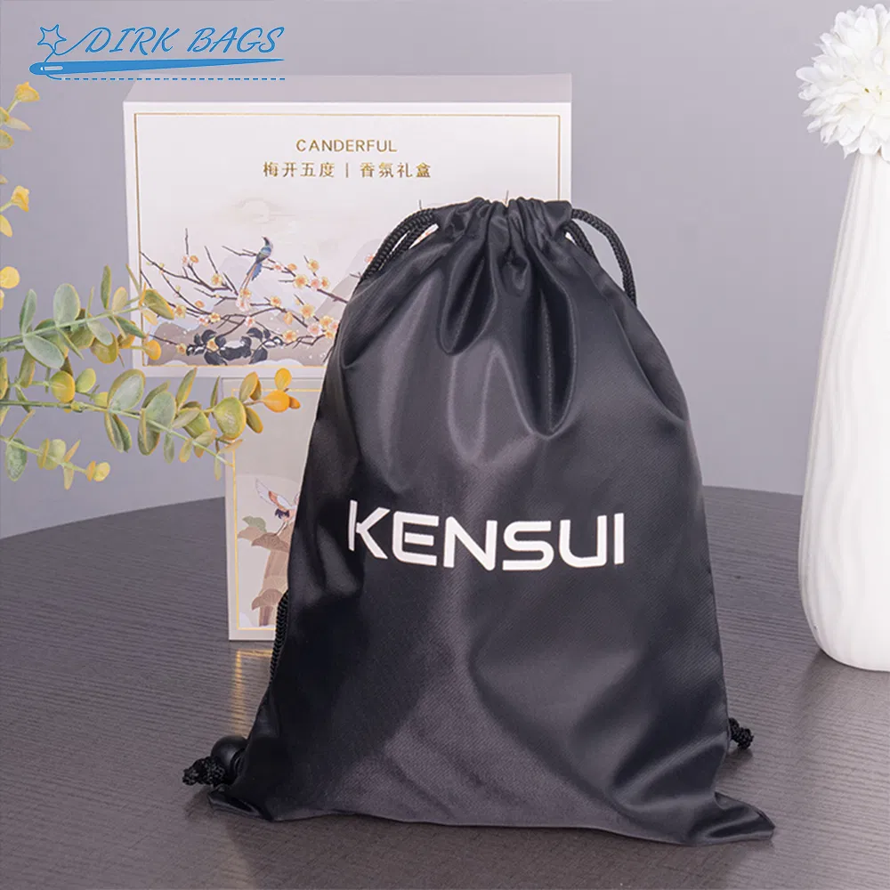 Custom Printed Reusable Black Twill Polyester Fabric Drawstring Packaging Bag Pouch