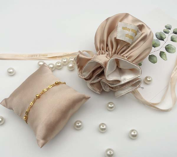 Satin Gift Pouch with Round Bottom Satin Jewelry Bag and Display Jewelry Cushion Set with Custom Logo Silk Ribbon Drawstring