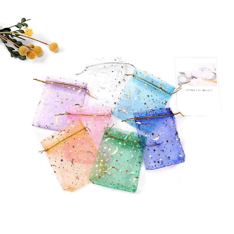 Various Colors in Stock Cheap Organza Bag Purple Organza Bag With Silver and Gold Hot Stamped Stars and Moons