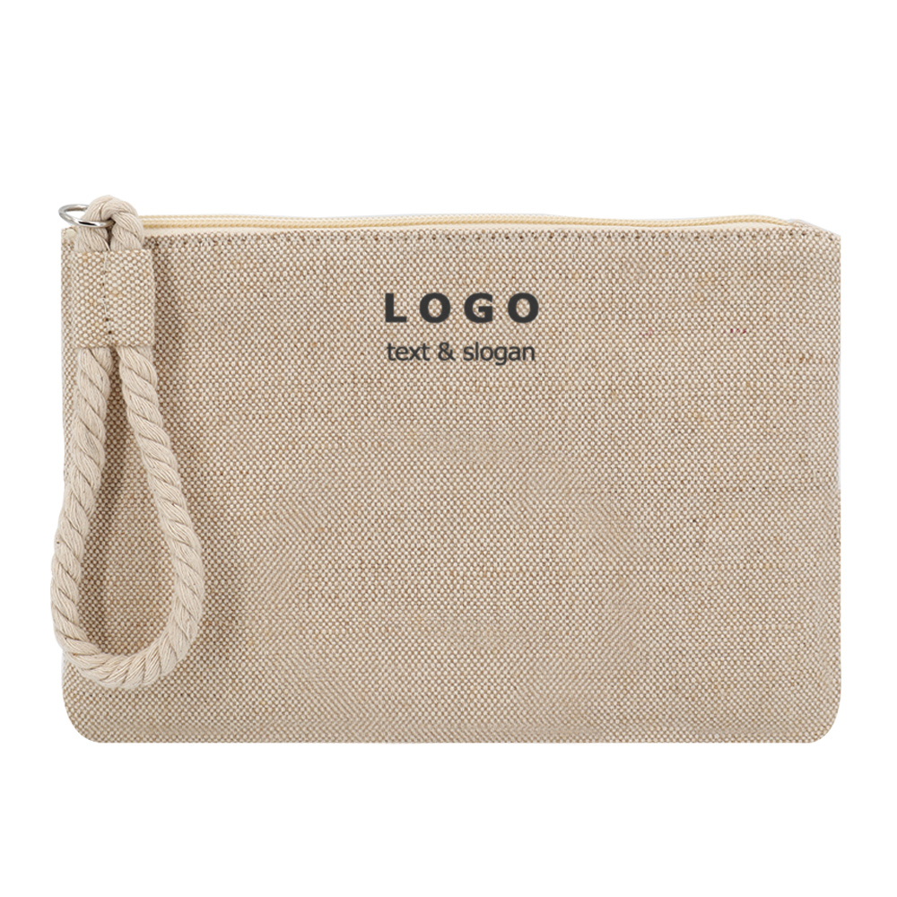 OEM Logo Custom Cotton Canvas Jute Makeup Cosmetic Zipper Pouch Bag Natural Jacquard Cotton Jute Fabric Organizer Bags for Phone