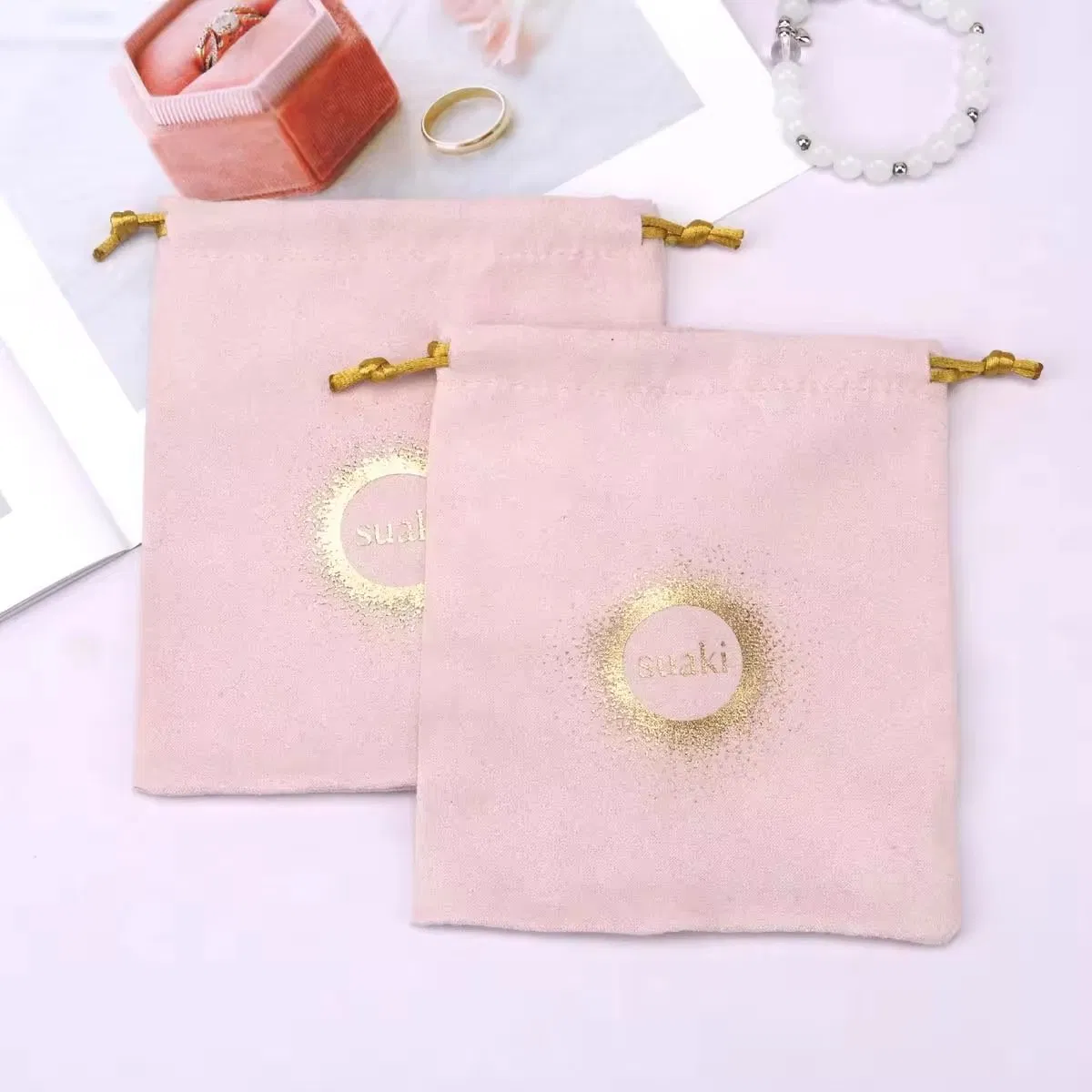 Custom Hot Stamping Suede Pouch Jewelry Perfume Cosmetic Packaging Drawstring Microfiber Bag