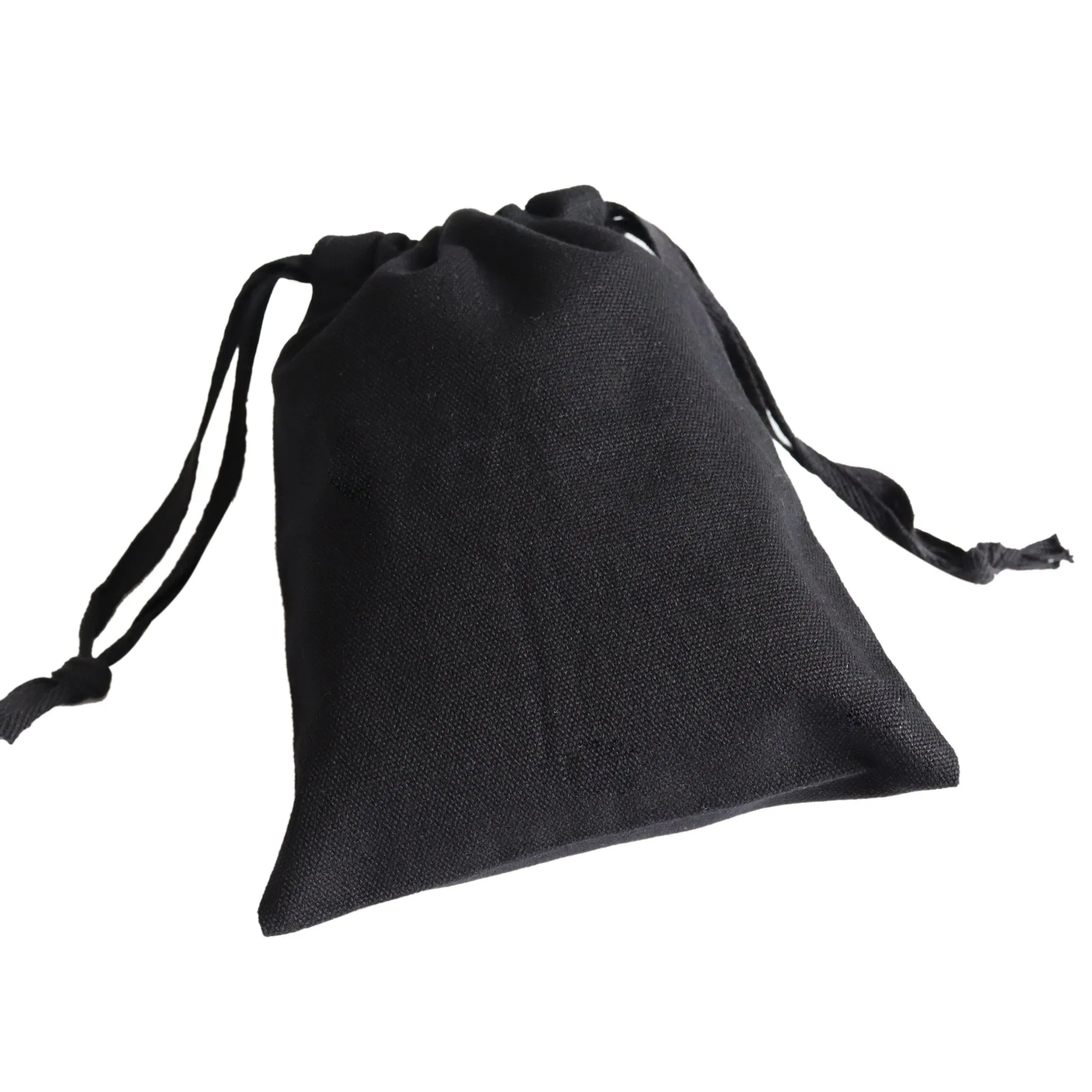 Custom Private Black Cotton Linen Canvas Drawstring Bag with White Printed Logo for Handbag Hat Cap Shoe Packaging Dust Pouch