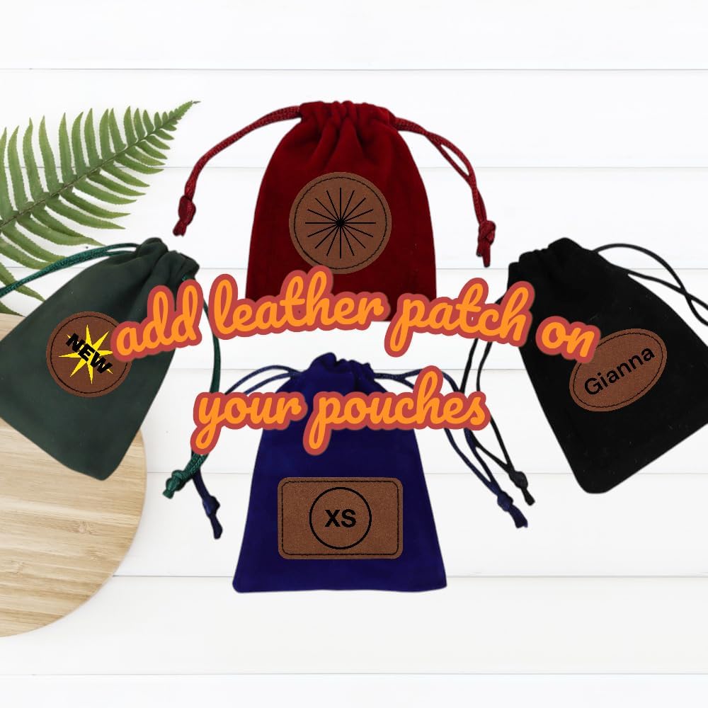 Custom Tan Oval Leather Patch Drawstring Gift Bags 50 PCS Logo Name on Velvet Storage Pouches 6 X 8 Inch