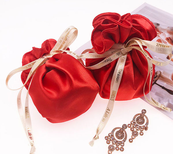 Fabric Drawstring Gift Bag Soft Satin Gift Pouch with Silk Ribbon Printed Logo Silk Jewelry Bag