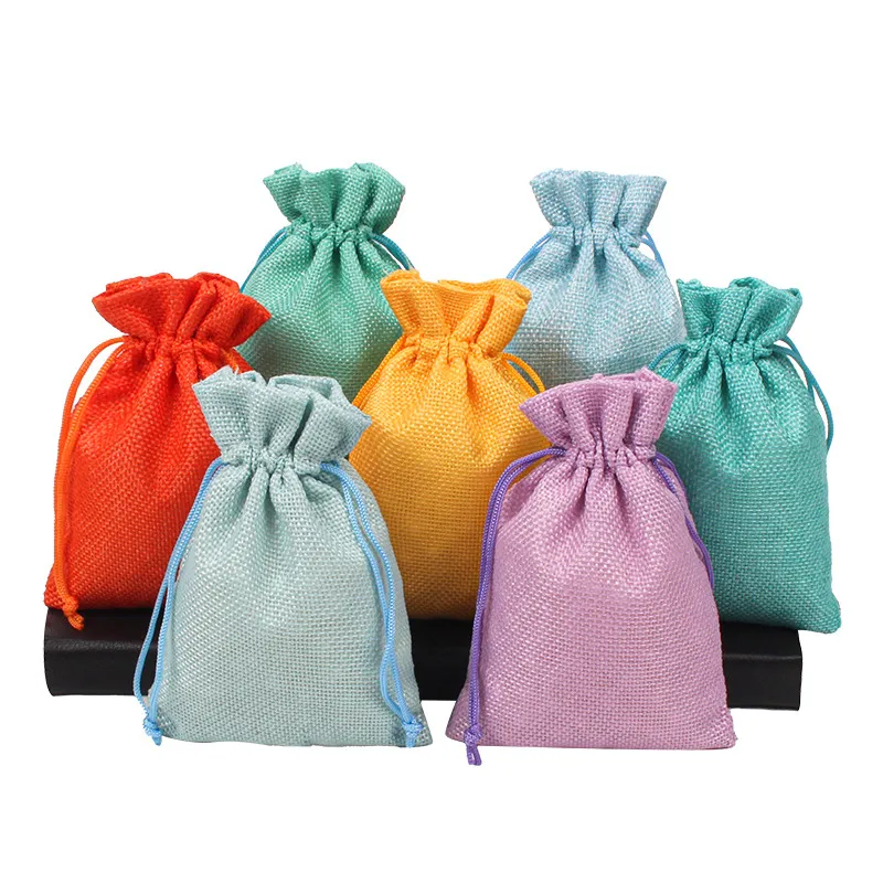 Colorful Linen Jewelry Necklace Pouch Jute Drawstring Gift Bag