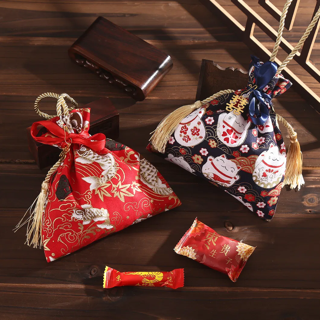 Factory Customized Japanese Style Hand-Held Gift Bags Drawstring Cotton Linen Printing Tassel Wedding Candy Bags