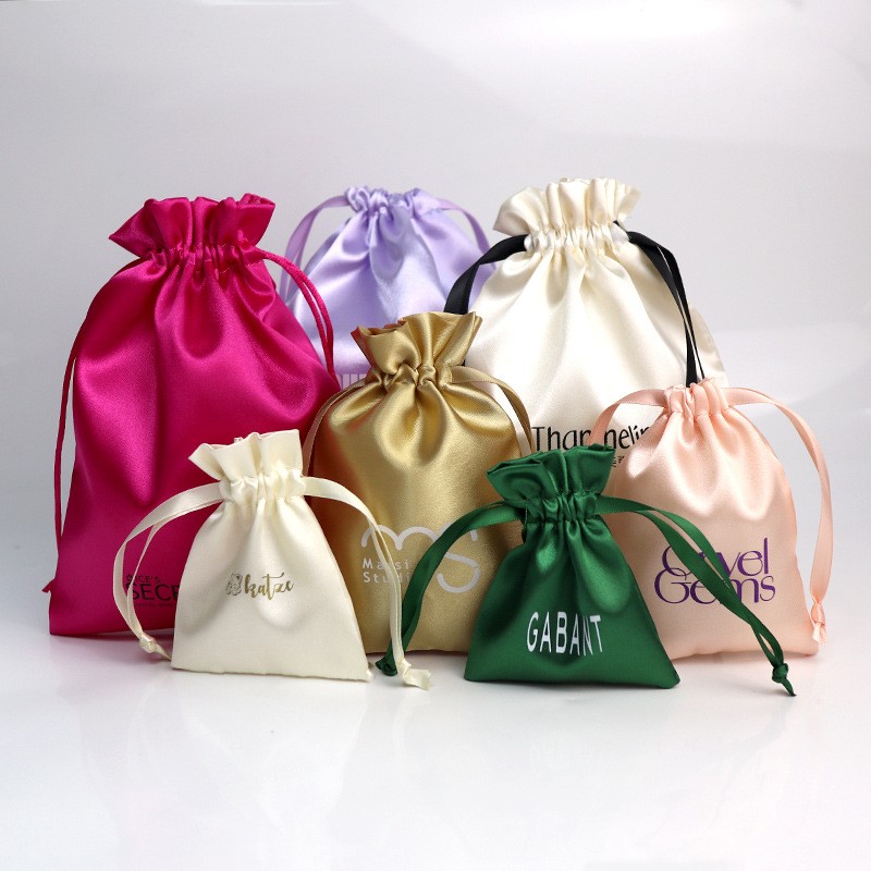 Top Quality Custom Print Logo Pouch Candy Color Silk Satin Cloth Drawstring Dust Jewelry Bag
