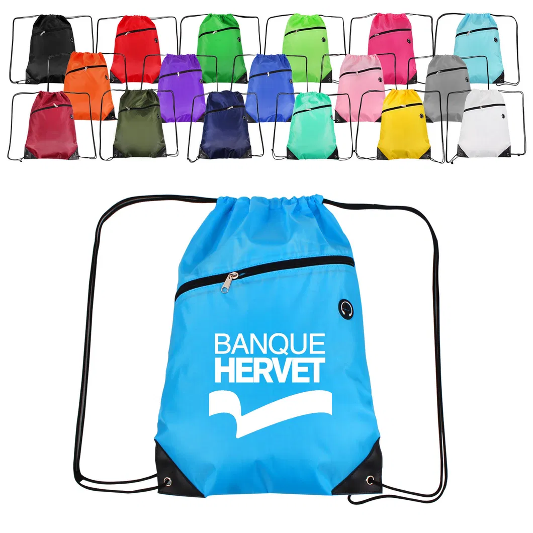 Custom Polyester Nylon Drawstring Backpack with Zipper Pocket Waterproof Gym Sports Training Bag