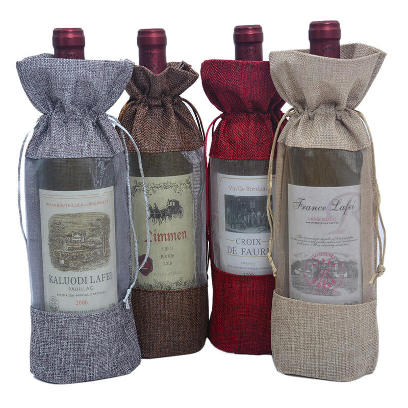 Custom Logo Wine Gift Bags Recyclable Beer Festival Present One Bottle Burlap Drawstring Jute Wine Bag