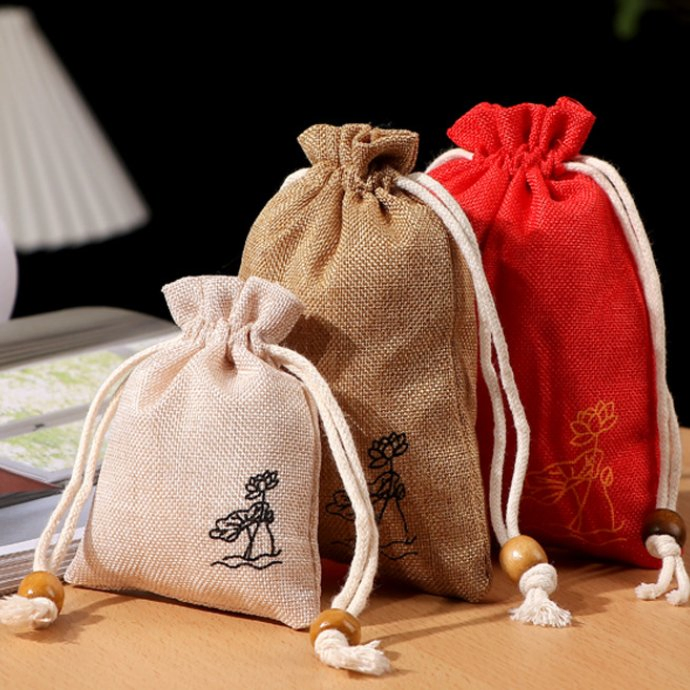 Wholesale Linen Pouches for Buddha Beads Custom Burlap Drawstring Jute Gunny Bag for Jewelry
