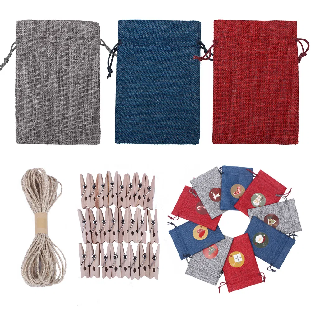 24 Decorative Hanging Small Cloth Bags Advent Calendar Drawstring Linen Bag Christmas Gift Bag Set