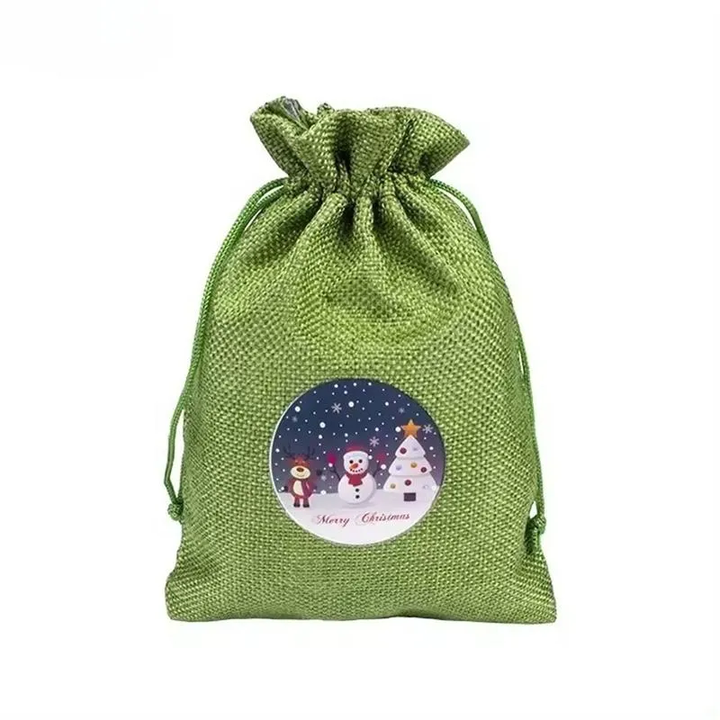 Custom New High Quality Green Linen Drawstring Bags for Packaging for Christmas Detail 2