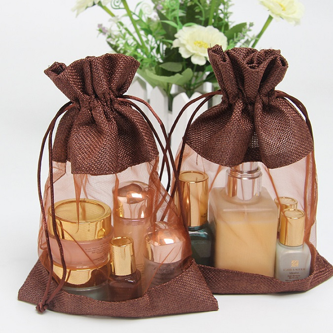 Clear Mini Promotional Burlap Jute Gift Bag Fashionable Pull String Pouch Jute Bag Custom Printed Burlap Tote Bag Drawstring Storage Bag