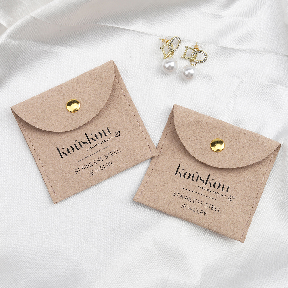 8x8 Cm Snap Button Microfiber Jewelry Gift Packaging Bag Custom Logo Microfiber Earrings Rings Storage Jewelry Pouch