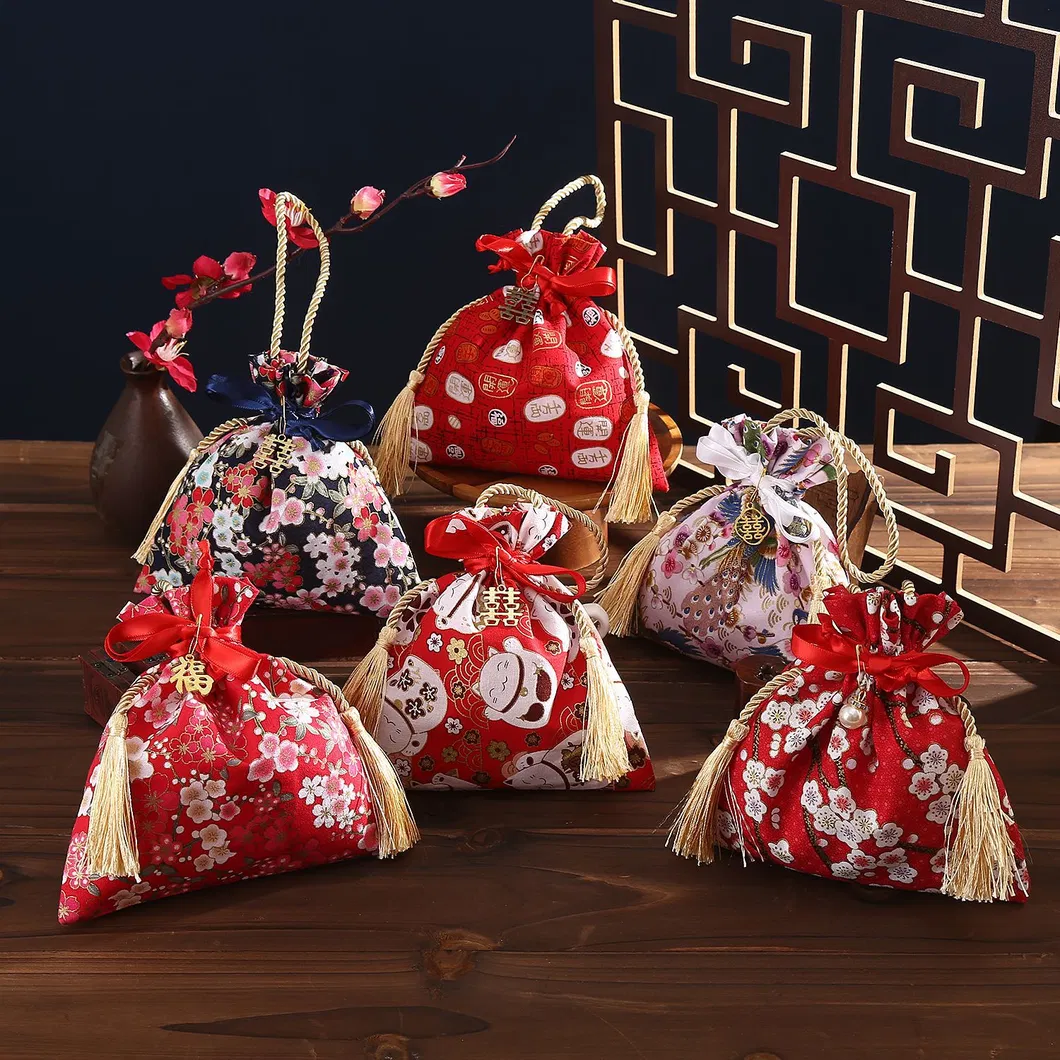 Factory Customized Japanese Style Hand-Held Gift Bags Drawstring Cotton Linen Printing Tassel Wedding Candy Bags