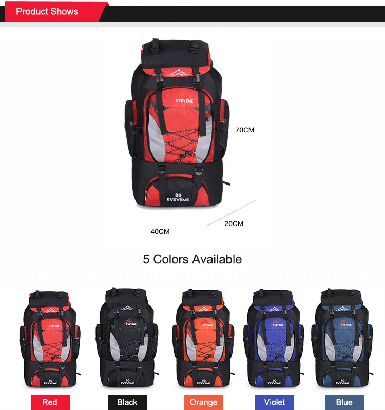80L Large Capacity Rucksack Drawstring Nylon Outdoor Camping Travelling Waterproof Hiking Backpack
