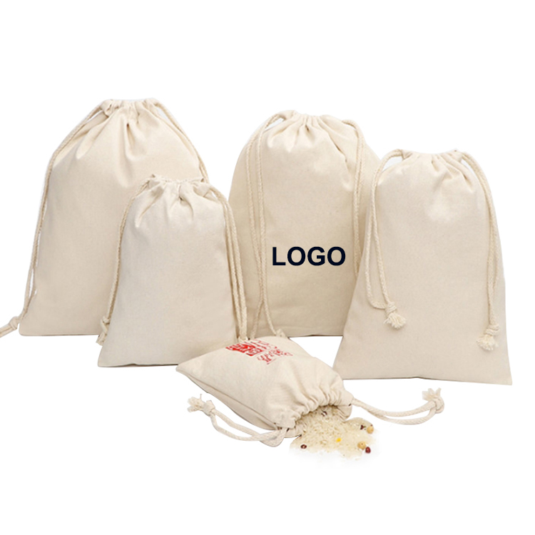 Customized Logo Natural Canvas Cotton Drawstring Bag Pouch Silk-Screen Single Double String Bag
