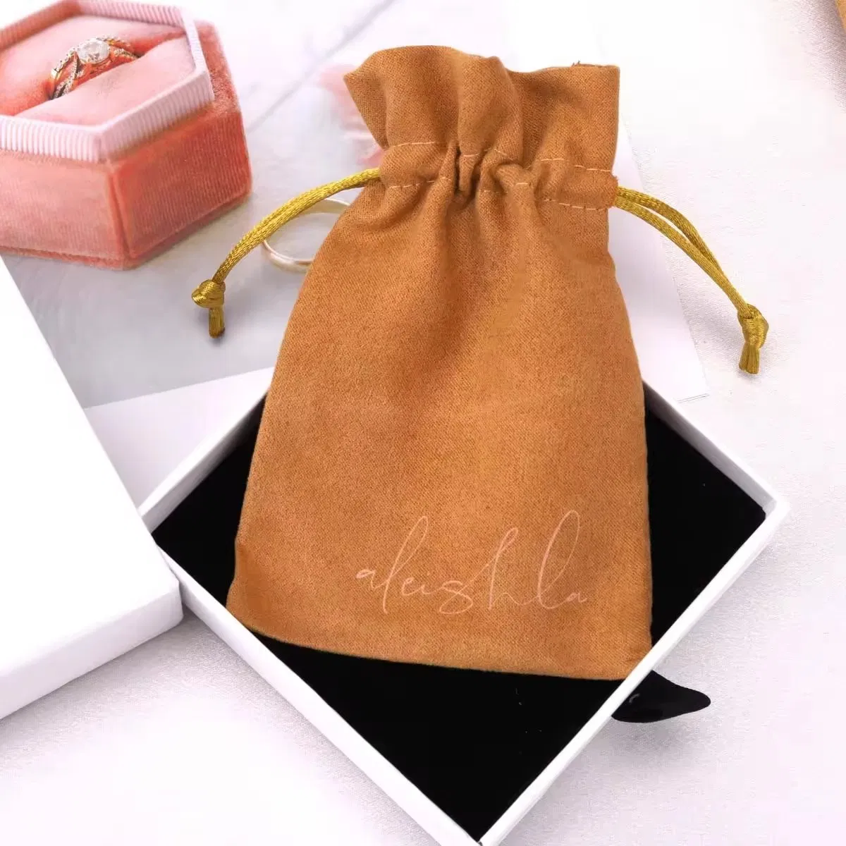 Custom Logo Printing Small Jewelry Packaging Suede Pouch Luxury Drawstring Gift Perfume Storage Suede Bag