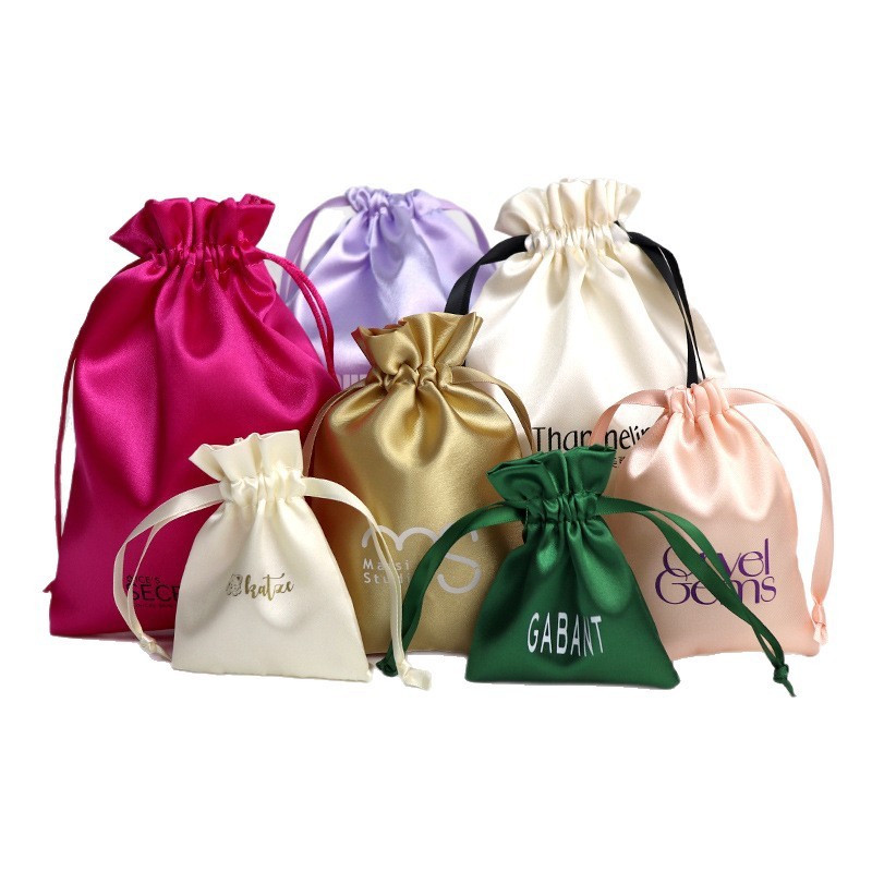 Top Quality Custom Print Logo Pouch Candy Color Silk Satin Cloth Drawstring Dust Jewelry Bag