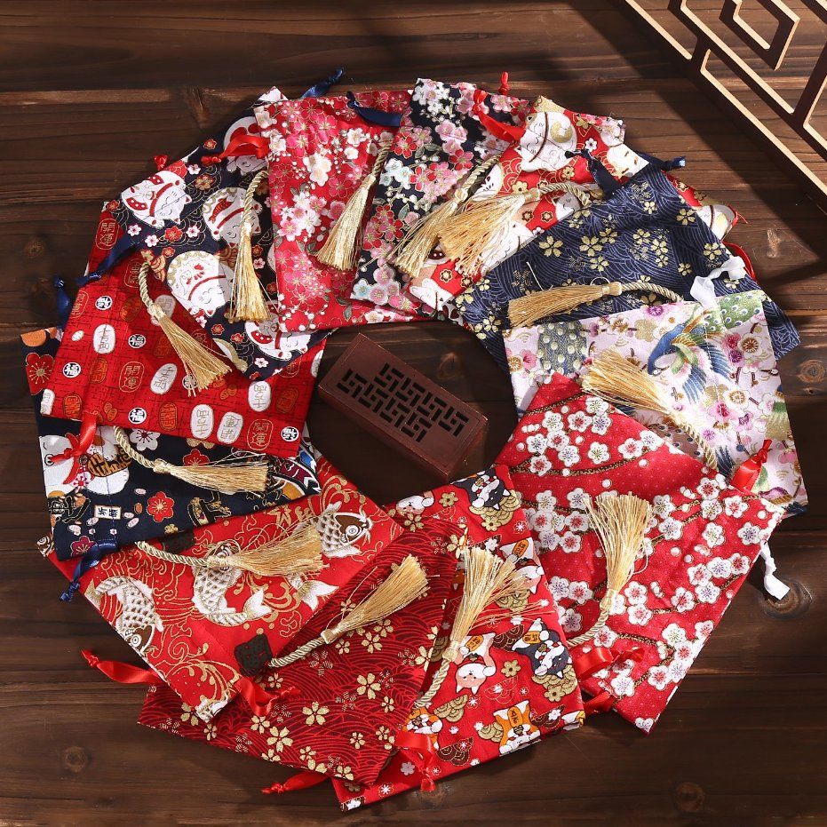 Factory Customized Japanese Style Hand-Held Gift Bags Drawstring Cotton Linen Printing Tassel Wedding Candy Bags