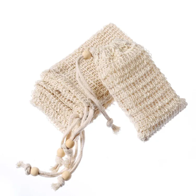 Eco Friendly Factory Promotional Natural Sisal Fiber Linen Mesh Drawstring Soap Bag