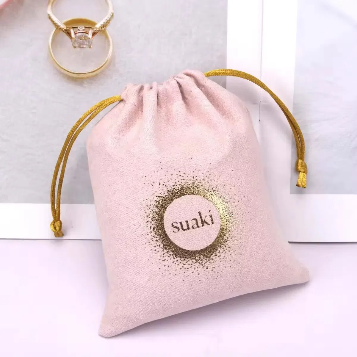 Custom Hot Stamping Suede Pouch Jewelry Perfume Cosmetic Packaging Drawstring Microfiber Bag