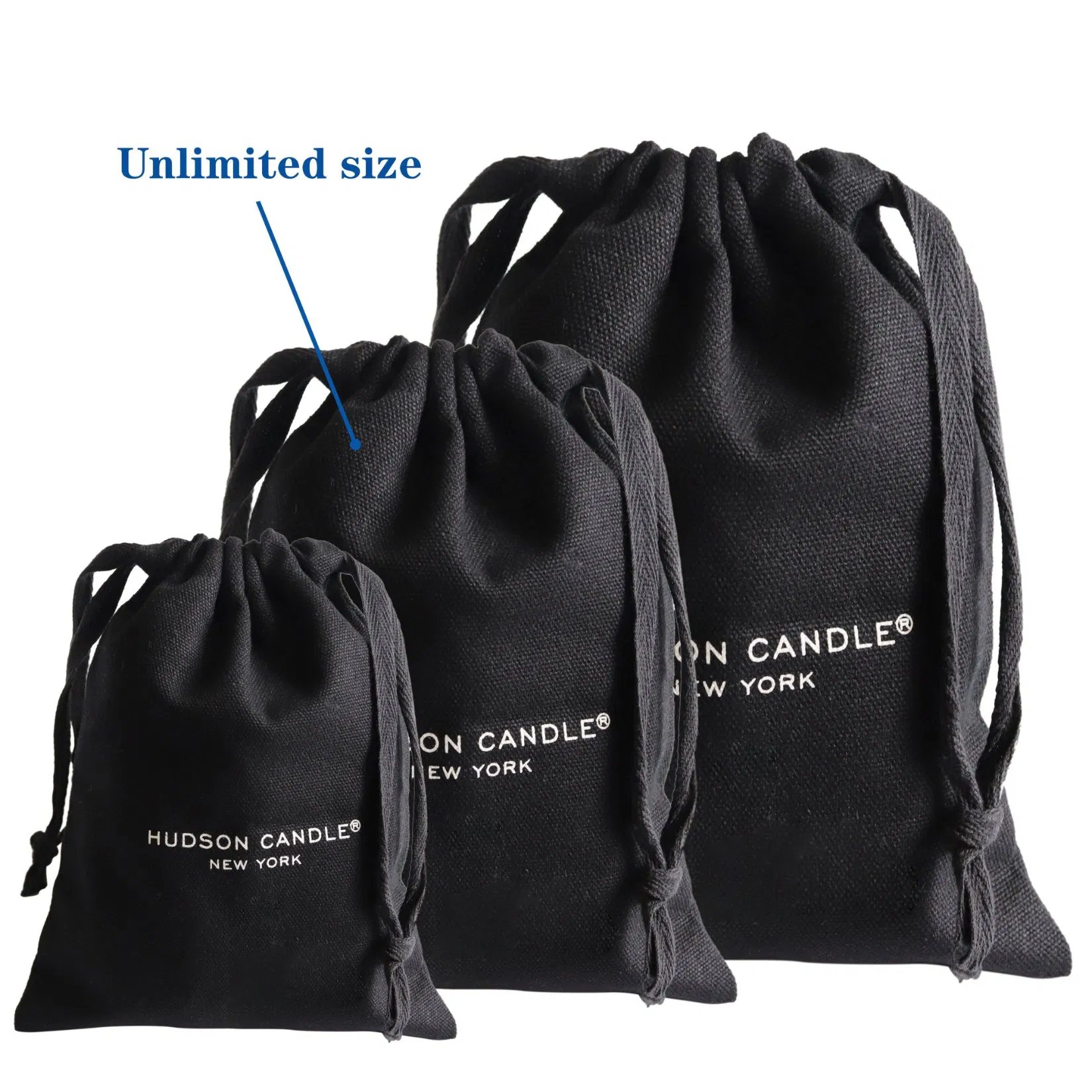 Custom Private Black Cotton Linen Canvas Drawstring Bag with White Printed Logo for Handbag Hat Cap Shoe Packaging Dust Pouch