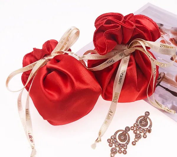 Fabric Drawstring Gift Bag Soft Satin Gift Pouch with Silk Ribbon Printed Logo Silk Jewelry Bag