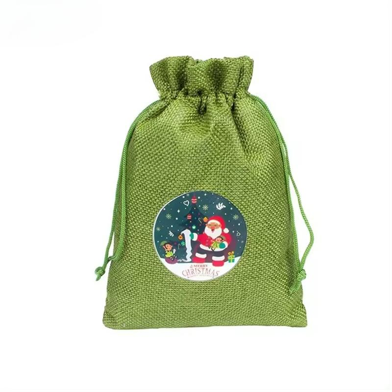 Custom New High Quality Green Linen Drawstring Bags for Packaging for Christmas