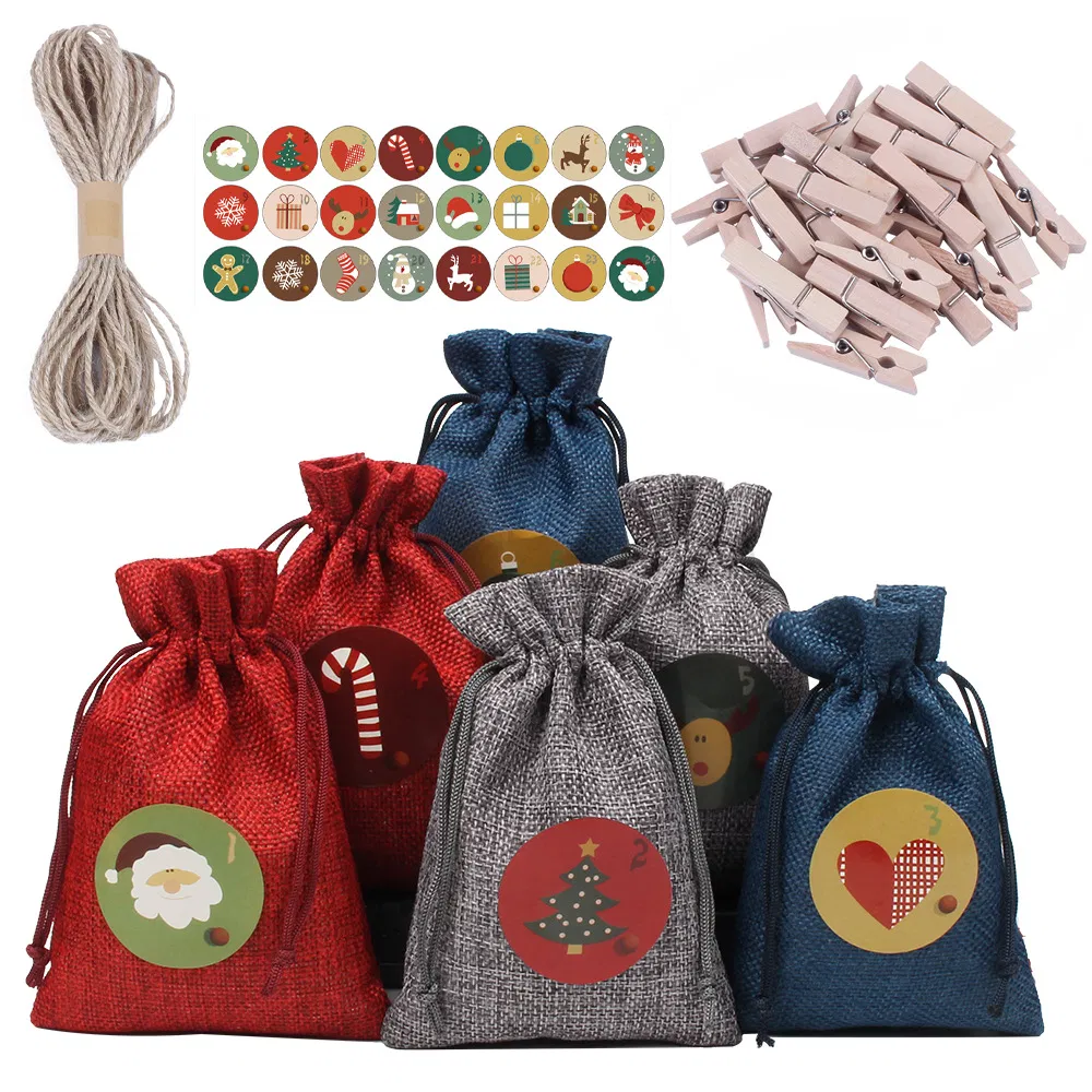 24 Decorative Hanging Small Cloth Bags Advent Calendar Drawstring Linen Bag Christmas Gift Bag Set