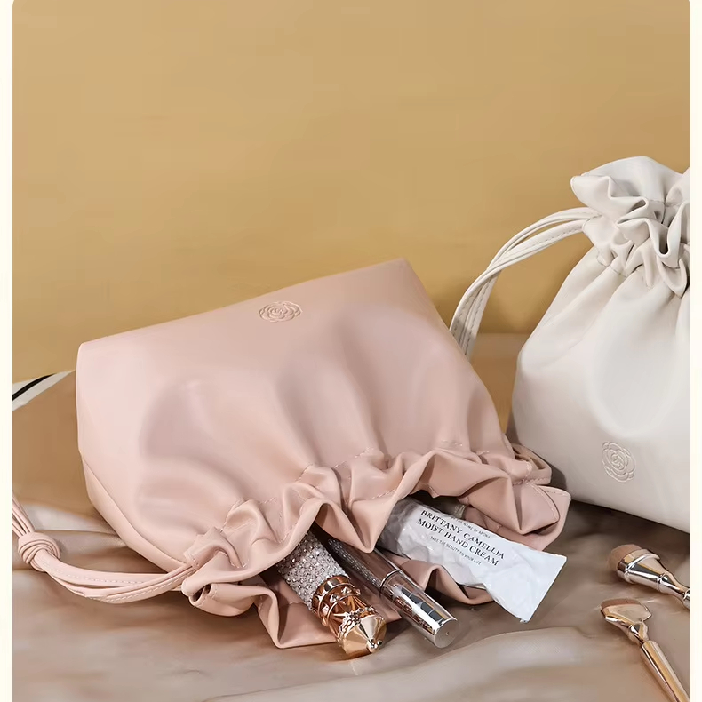 Custom Logo Travel Portable Woman Drawstring Pink Small Waterproof Pu Leather Cosmetic Makeup Storage Pouch Bag
