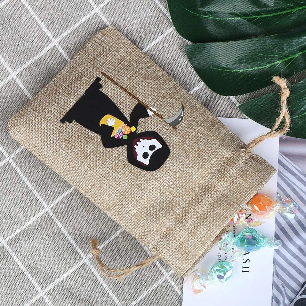 Halloween Treat Jute Candy Gift Sack Pouches with Two Drawstring for Halloween Favors Burlap Bag