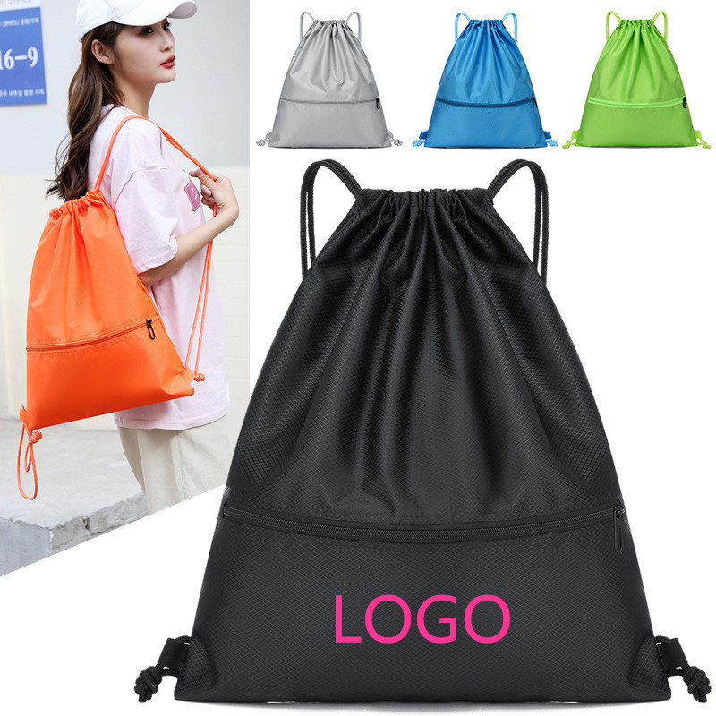 Waterproof High Quality Custom Polyester Nylon Drawstring Backpack Gym Bags String Back Pack Logo Sport Cinch Sacks With Zipper