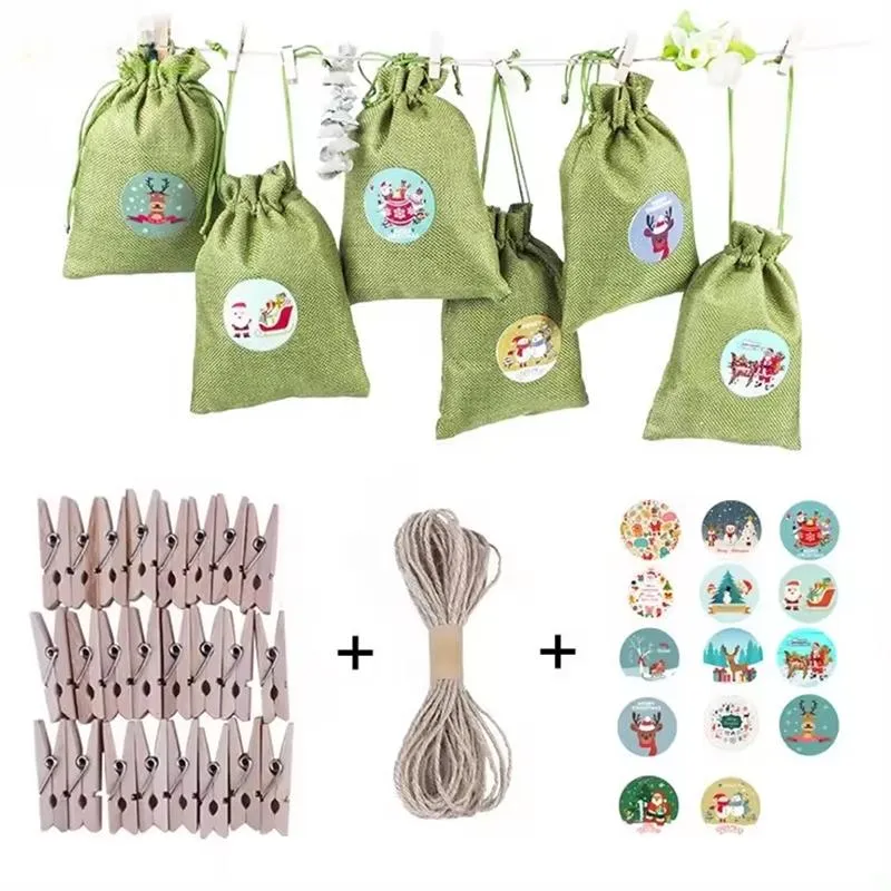 Custom New High Quality Green Linen Drawstring Bags for Packaging for Christmas Detail 6
