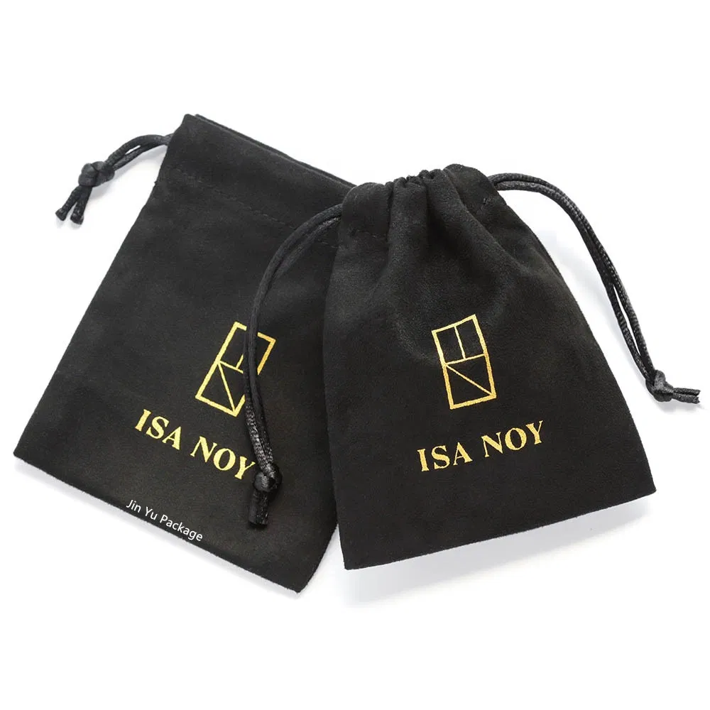 Custom Black Velvet Drawstring Velvet Jewelry Suede Packaging Pouch Bag with Gold Logo Printing