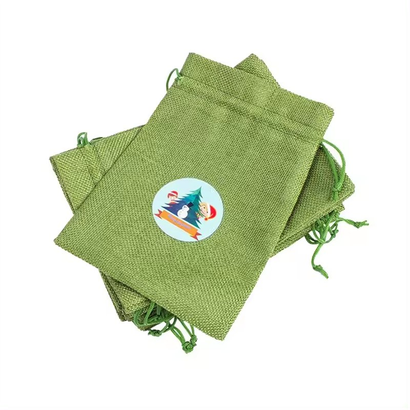 Custom New High Quality Green Linen Drawstring Bags for Packaging for Christmas