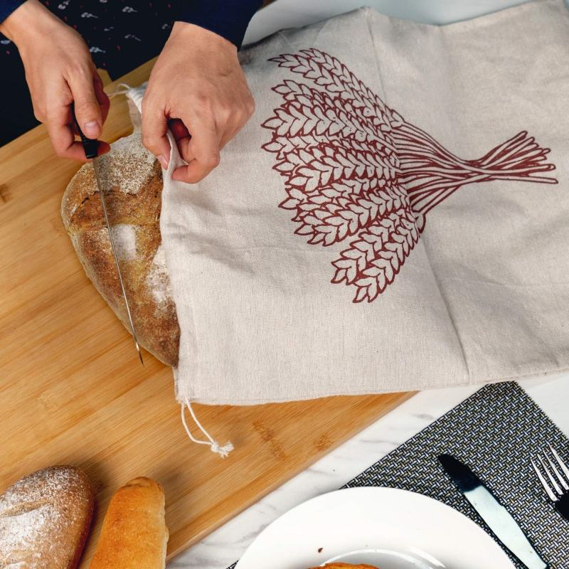 Custom French Printed Reusable Drawstring Storage Jute Organic Cotton Linen Bread Bag