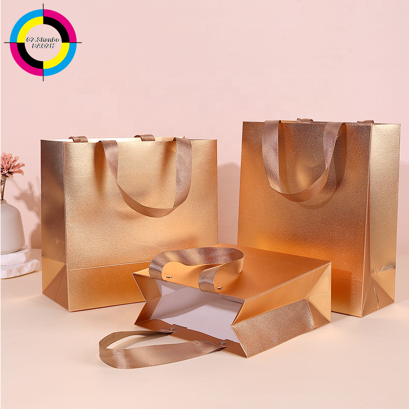 Custom Metallized Paper Bags with Ribbon Handles for Clothing and Shoes Packaging