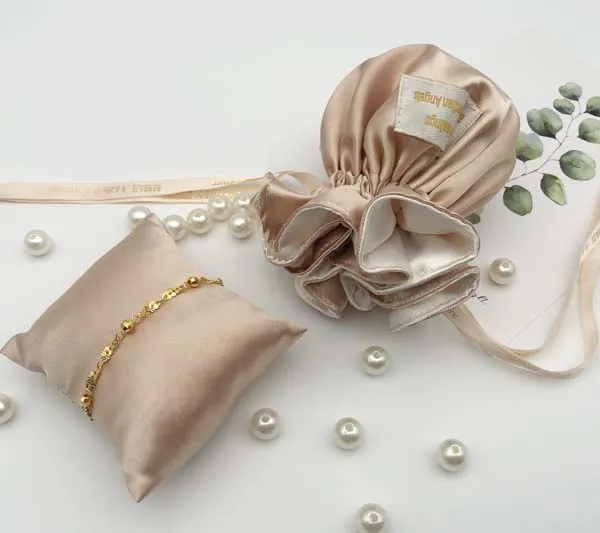Satin Gift Pouch with Round Bottom Satin Jewelry Bag and Display Jewelry Cushion Set with Custom Logo Silk Ribbon Drawstring