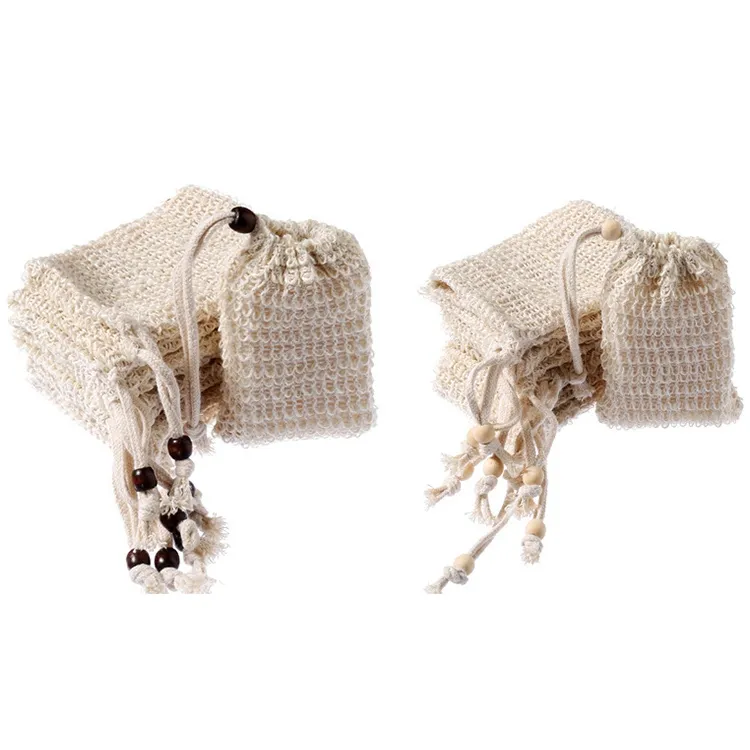 Eco Friendly Factory Promotional Natural Sisal Fiber Linen Mesh Drawstring Soap Bag