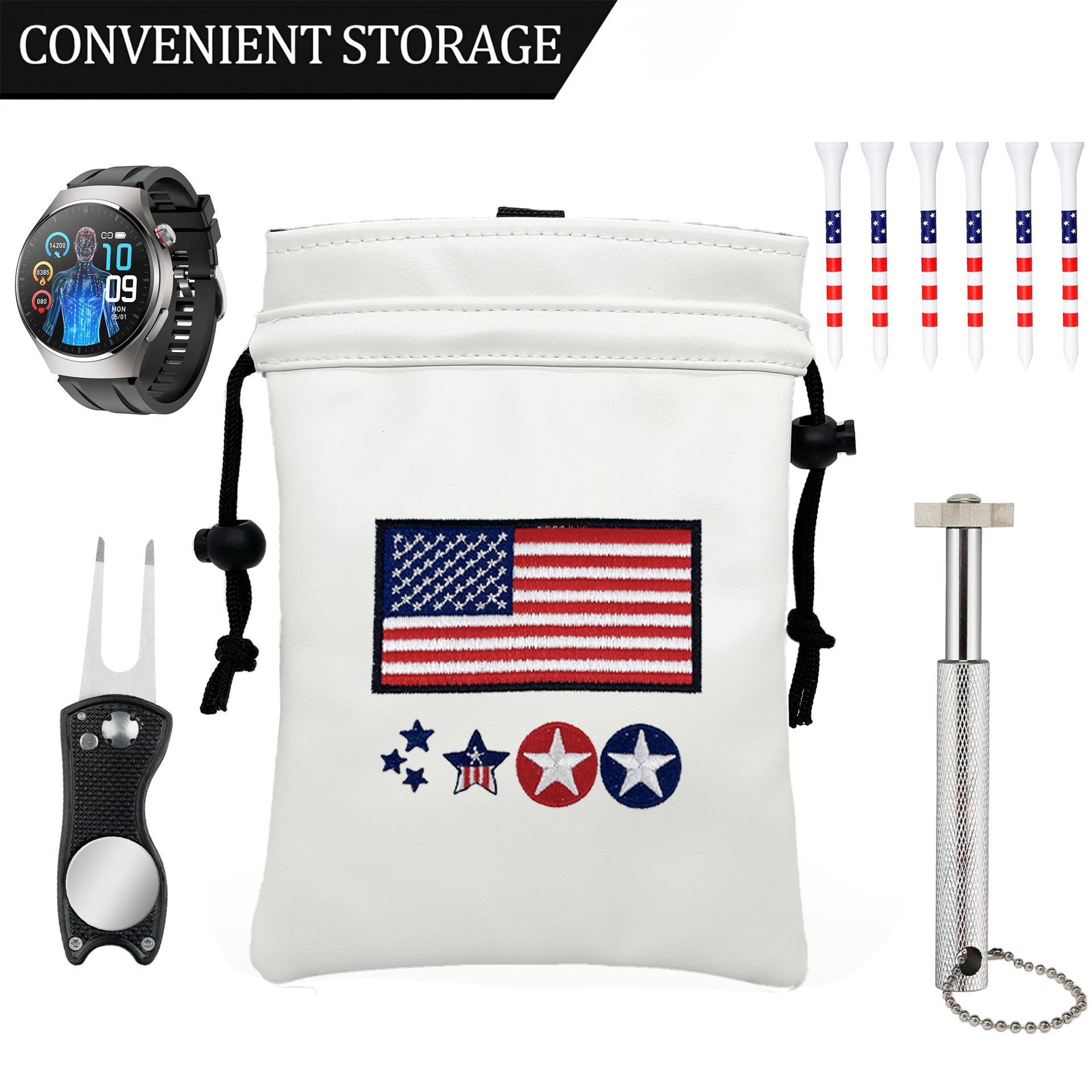 Golf Leather Drawstring Small Ball Bag with American Flag Embroidery