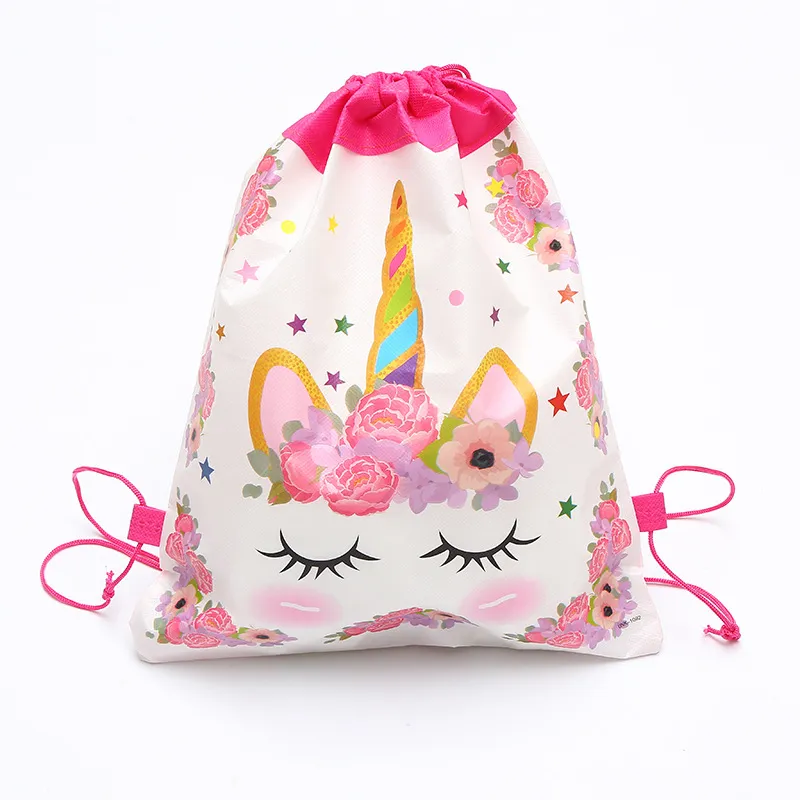 Pink Unicorn Cartoon Kids Drawstring Backpack Nylon String Travel Sports Shoes Drawstring Backpack