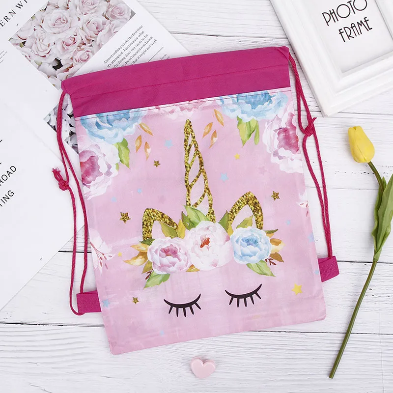 Pink Unicorn Cartoon Kids Drawstring Backpack Nylon String Travel Sports Shoes Drawstring Backpack