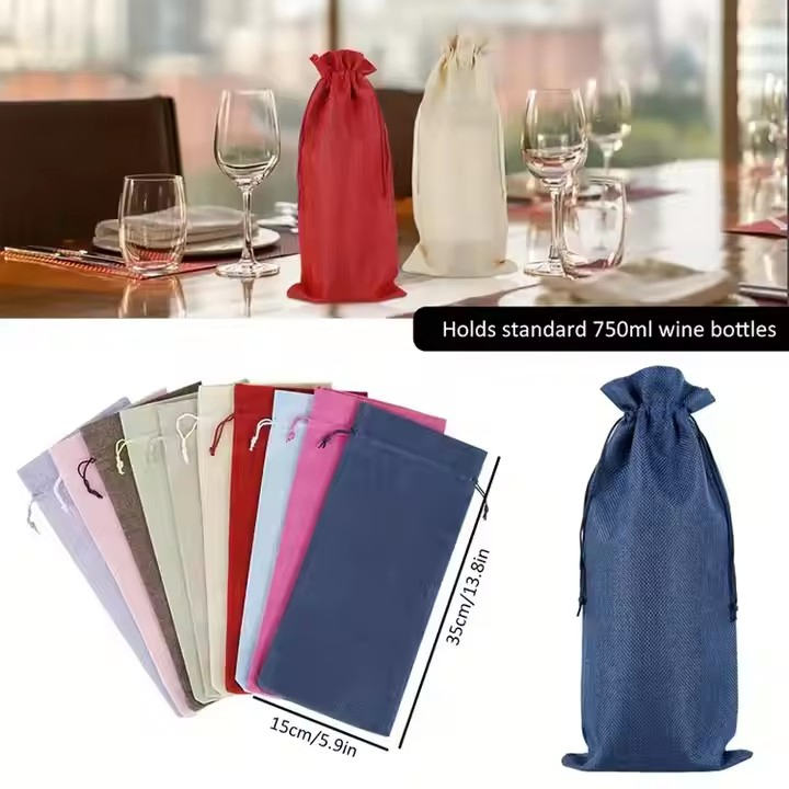 Custom Logo Reusable Eco-Friendly Burlap Jute Linen Drawstrings Wine Bottle Gift Bags